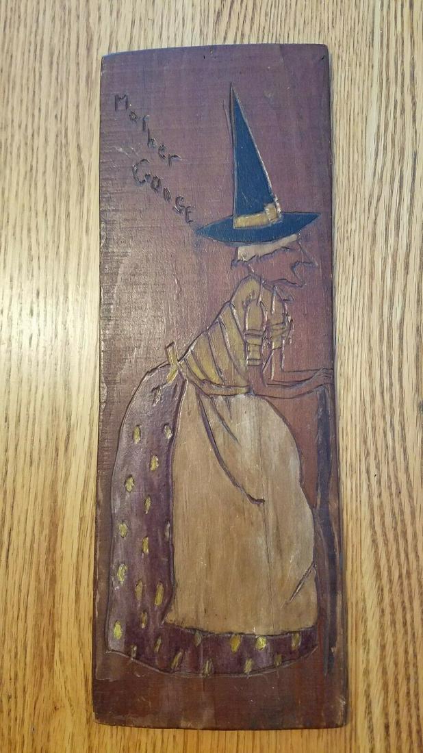 Folk art Tramp art carving mother goose painted back of (1 of 2)