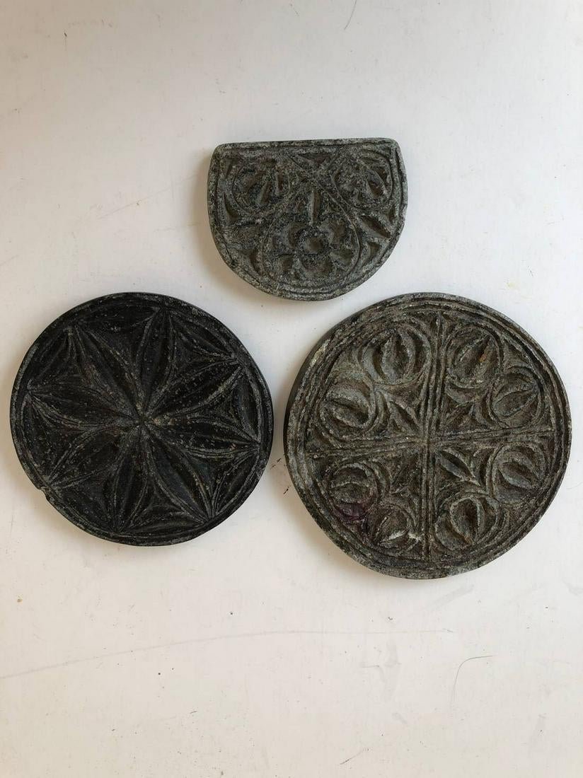 Soapstone Cookie Molds: Title: Soapstone Cookie Molds Material: Dimension: largest is 3 1/4” diameter and is two sided. Provenance/Additional Info: Three molds Shipping: Domestic: Flat-rate of $15.00 to anywhere within the
