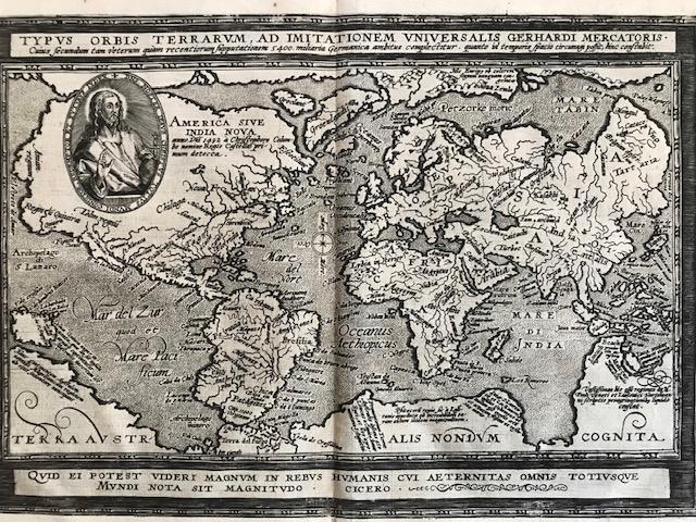 RARE world map: Title: RARE world map Date/Period: 1596 Materials: Copperplate engraved Size: 14" x 10 1/4" Christ is shown on the left. The only world map of the century to show this. South America shows the western