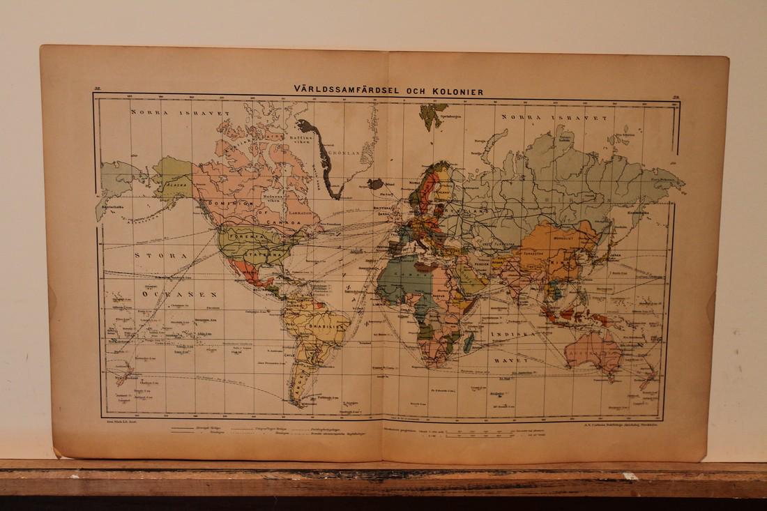 1877 World Colonial Map: Author: Samuelsson Title: 1877 World Colonial Map Medium: Ink on Paper Dimensions: 19.5"X12.5" World colonial map dated 1877. Captures colonial possessions around the globe. Compiled by Dr. Magnus Rot