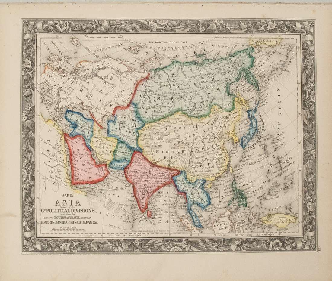 1860 Mitchell Map of Asia -- Map of Asia Showing its: Title/Content of Map: 1860 Mitchell Map of Asia -- Map of Asia Showing its Gt. Political DivisionsÂ… Cartographer: S Mitchell Year/Place: 1860, Philadelphia Size: 10.5 x 13.5 in. A magnificent map 