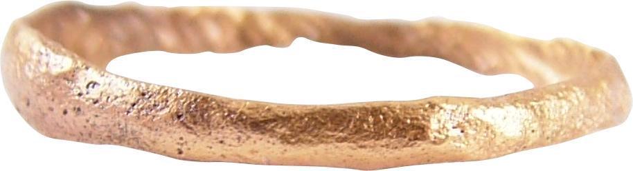 VIKING WOMAN’S WEDDING RING, 850-1050 AD JEWELRY SZ 5 ¾: Late 9th-early 11th century AD. Gilt bronze, size 5 3/4. Narrowband 2.4mm, with low rounded face. Surface textured from burial. Professionally refurbished with the 24karat gold overlay restored. Gift