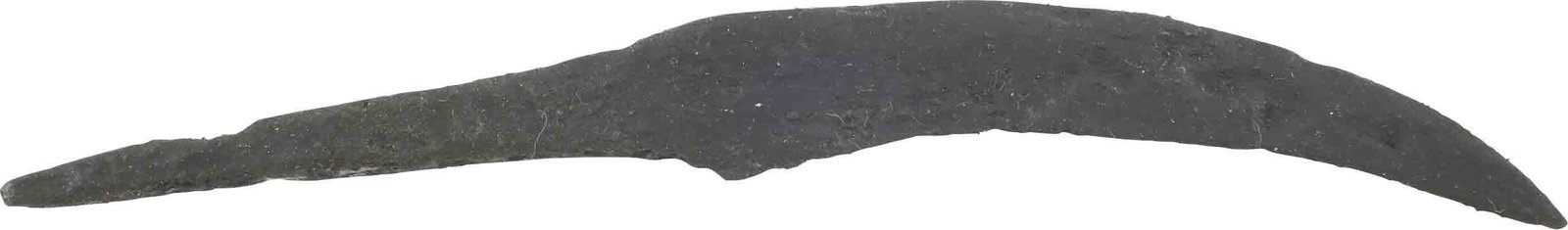 CELTIC SIDE KNIFE OR POUCH KNIFE 450-100 BC: About 4 3/8” total length. Forged iron with the characteristic curved back. Relatively thin wedge section slashing blade. They are slashing knives capable of cutting a man’s throat to the spine. A