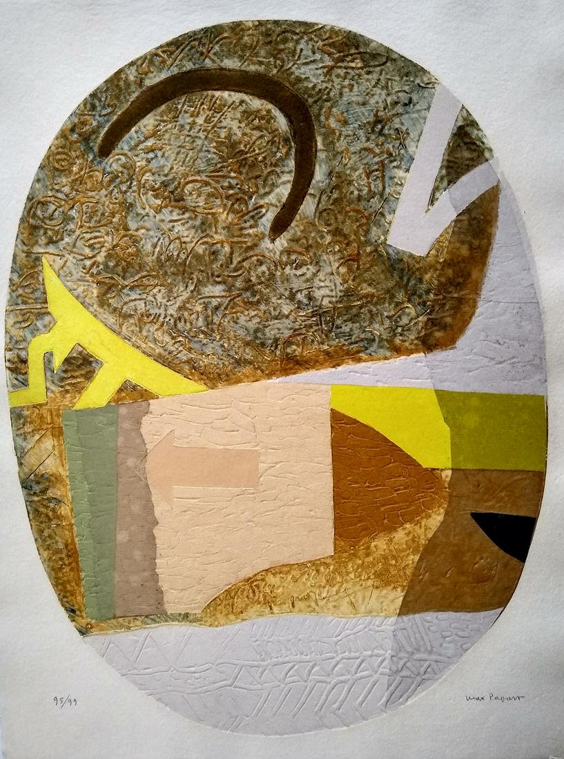 Oval with Arrow: Title: Oval with Arrow Date/Period: 1987 Materials: handmade paper Dimension: 26" X 19.5" Additional Information: Max Papart “Oval with arrow", Color Carborundum Gravure on handmade paper. Signed an