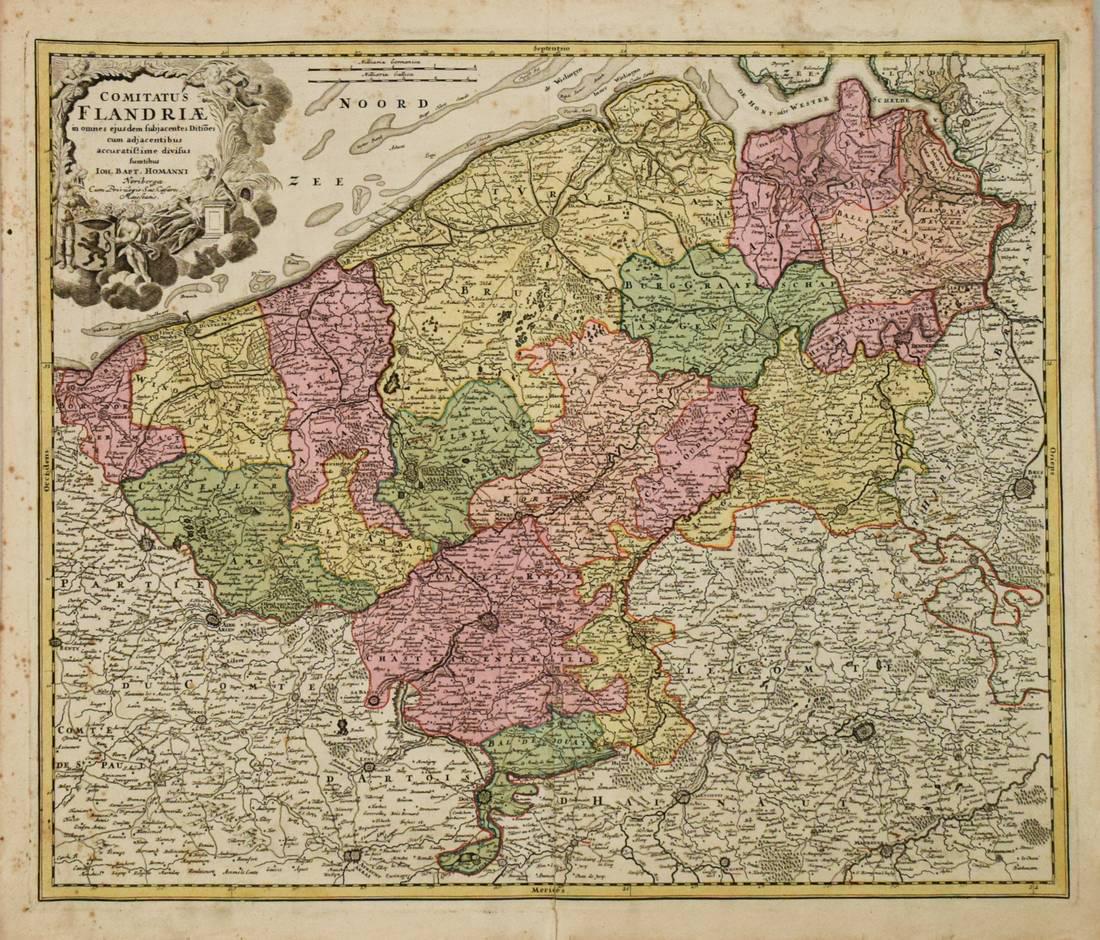 1730 Homann Map of Western Belgium and Northern France: Title/Content of Map: 1730 Homann Map of Western Belgium and Northern France -- Comitatus Flandriae in omnes ejusdem subjacentes Ditioes Cartographer: J Homann Year/Place: 1730 c., Nurnberg Size: 19 X