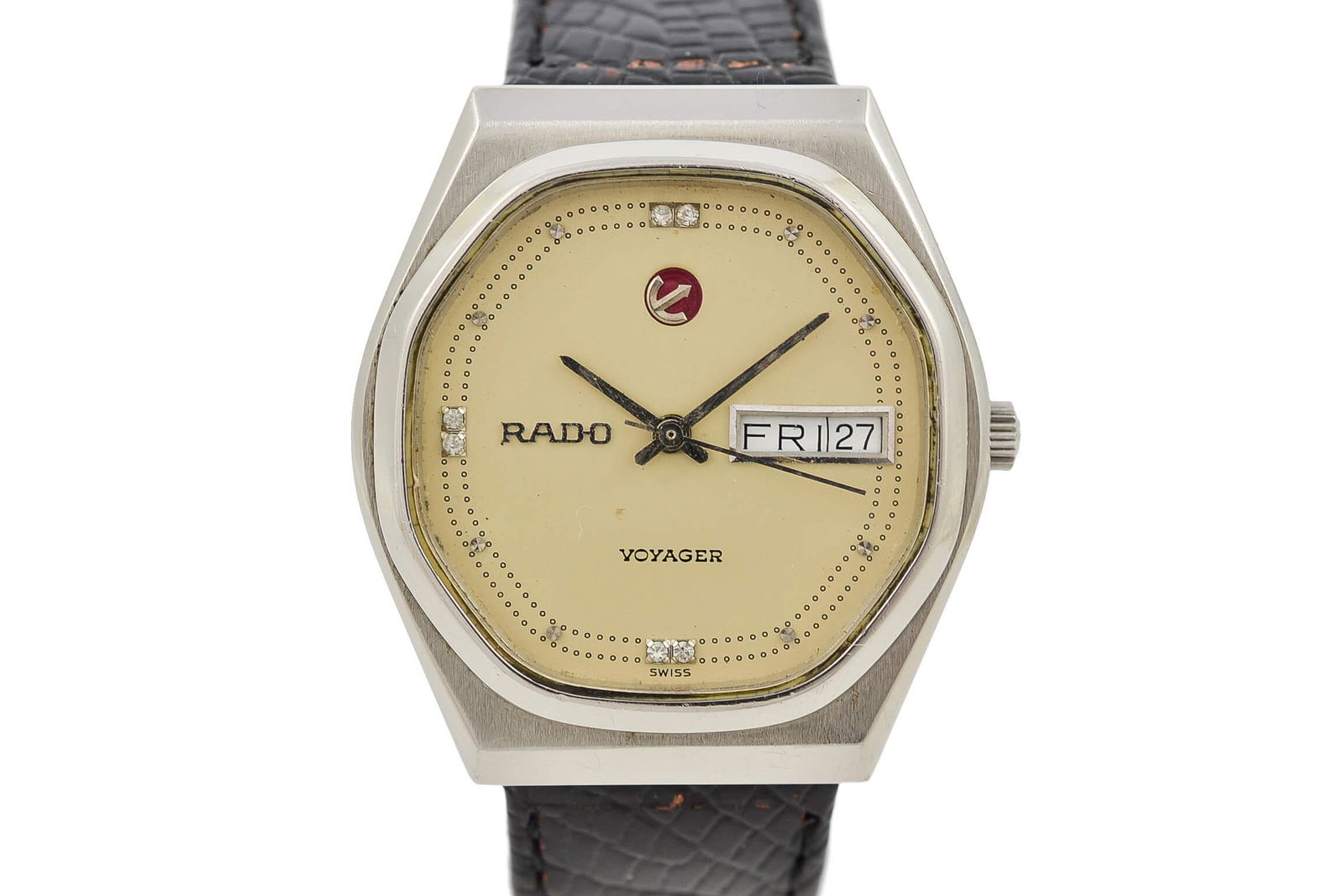 Vintage Rado Voyager Stainless Steel Automatic Midsize: Title: Vintage Rado Voyager Stainless Steel Automatic Midsize Watch Brand: Rado Date: 1980s Model: Voyager Movement: Automatic Functions: Time, day/date Case Metal: Stainless steel Case Size: 32mm X 3