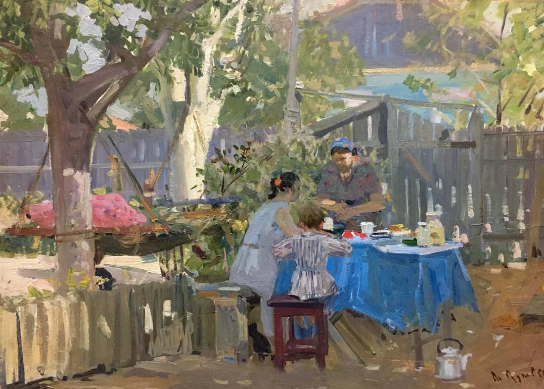 Oil painting Owners in the yard Rudnev Grigory: *** ABOUT THIS PAINTING *** * TITLE: "Owners in the yard" * ARTISTS: Rudnev Grigory Leontyevich * SIZE: 50x70 cm/'19.68x27.55 inches' * MEDIUM: oil, cardboard * HAND PAINTED: Original painting from ou