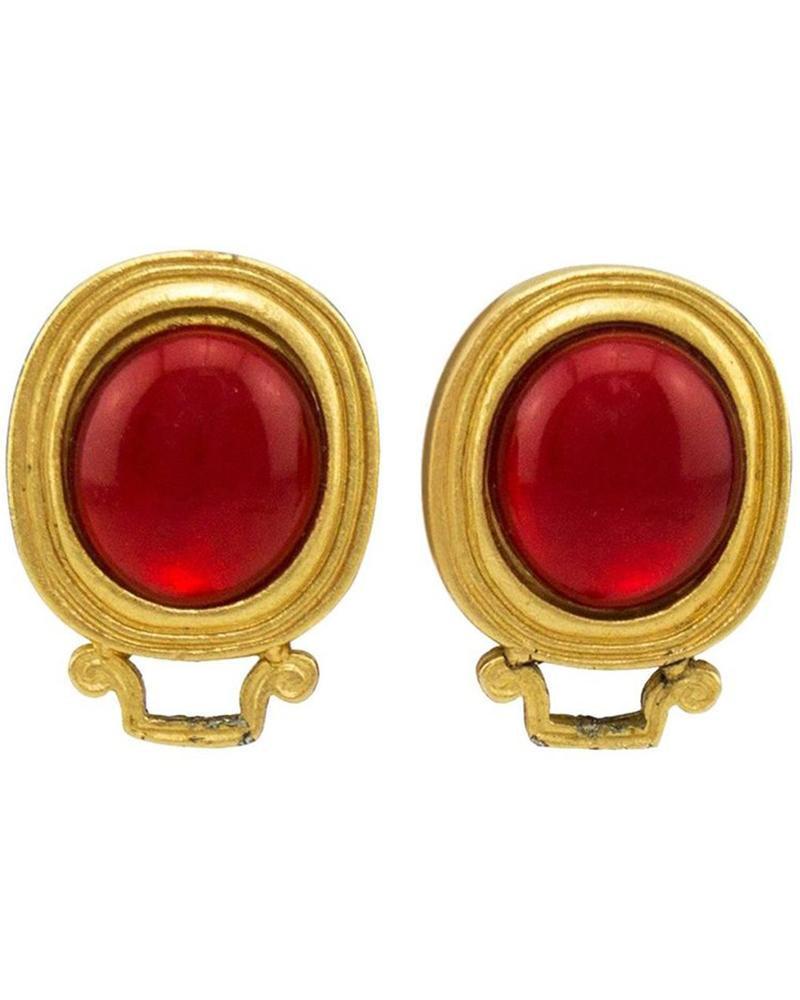 Yves Saint Laurent Red and Gold Earrings: 1980s YSL red faux cabochon clip on style earrings in a goldtone setting. The earrings have a small square handle style detail on the bottoms and are marked YSL on the back. In excellent condition. Re