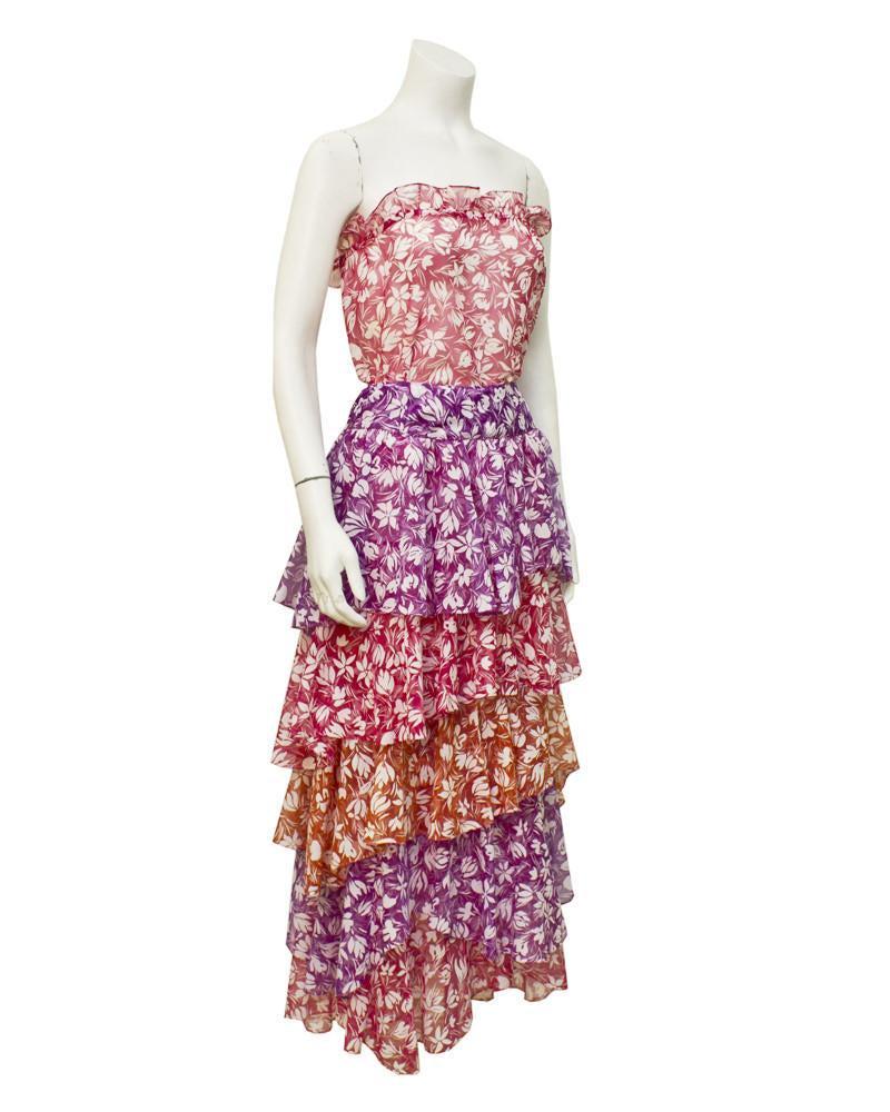 Stephen Burrows Floral Multi Colour Ensemble: Love this Stephen Burrows layered cotton resort piece circa 1980's. Time to start thinking about what to wear in St Barts. In excellent condition, the two pieces are fresh and feminine and also great