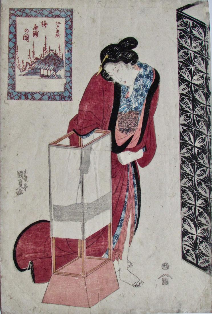 Kunisada: Bijin lighting a Lantern: Artist: KUNISADA (1786-1865) Subject: Bijin lighting a lantern Signature: Gototei Kunisada Date: 1820s Format: ôban, 25.8 x 38.5 cm Condition: Very good impression, color and condition soil and handl