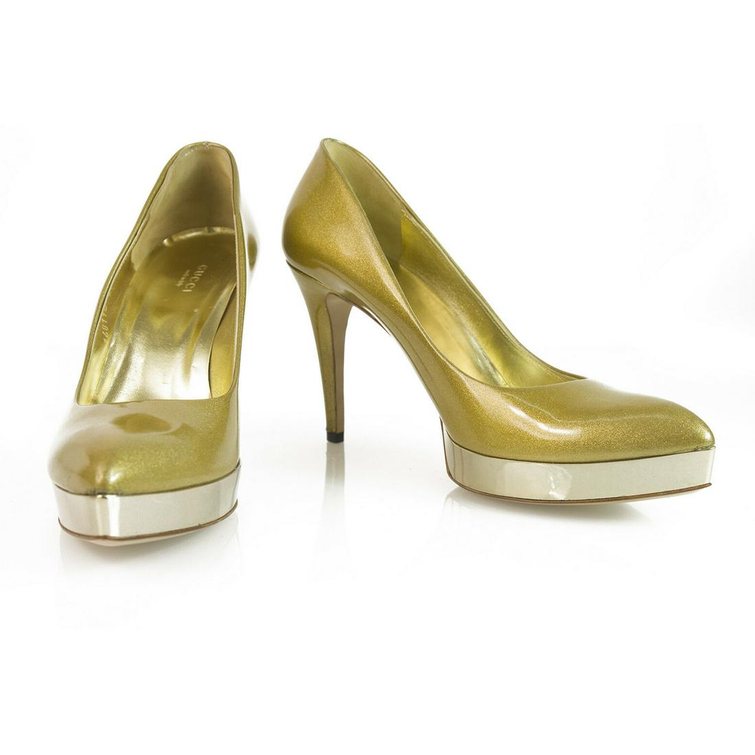 GUCCI Gold metallic patent leather pointy toe shoes: GUCCI Gold metallic patent leather pointy toe shoes heels pumps platform 40C Look sophisticated and chic with these GUCCI Gold Classic Heels. They feature gorgeous patent leather, in glittery gold, po