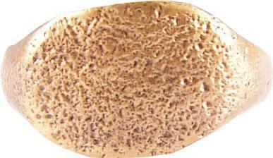 VIKING WARRIOR’S RING 10th-11th CENTURY AD S 11: Gilt bronze, size 11. Broad rounded face band, 4.4mm, flaring to the shoulders. Slightly raised elongated oval form bezel of low rounded section. Surface textured from burial. Professionally refurbish