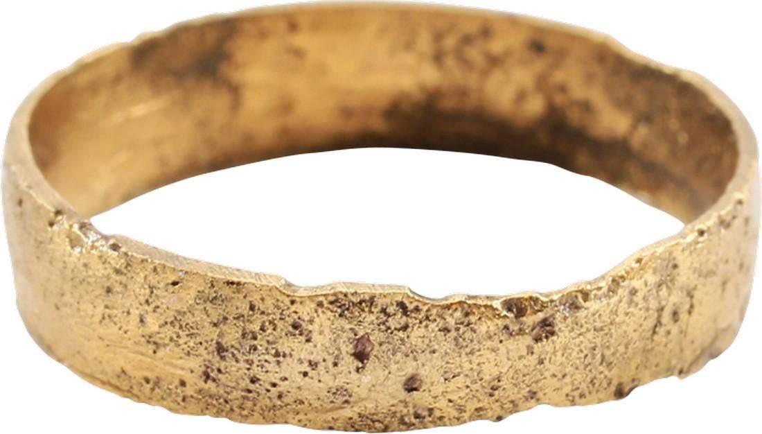 ANCIENT VIKING WEDDING RING C.1000 AD JEWELRY, SZ 7 ¼: Late 9th-early 11th century AD. Gilt bronze, size 7 1/4. Broad 4.5mm band with a rounded face. Surface textured from burial. Professionally refurbished with the gold overlay restored. Gift boxed with