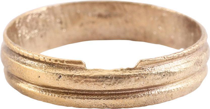 VIKING WARRIOR’S WEDDING RING 9TH-10TH CENT AD SZ 10 ¼: Large size 10 1/4. Broad 4.8mm width. Flat band with raised edges and medial giving a five-band effect. Vikings exchanged rings on the pommel of the groom’s sword. Professionally refurbished with th