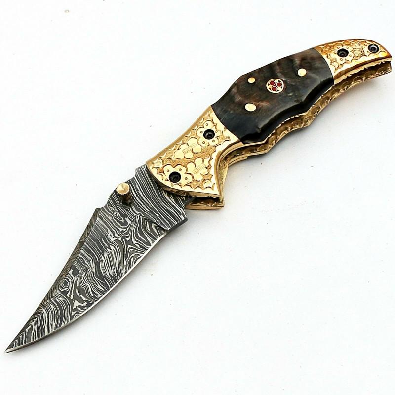 Combat damascus steel knife buffalo horn brass hiking (1 of 5)