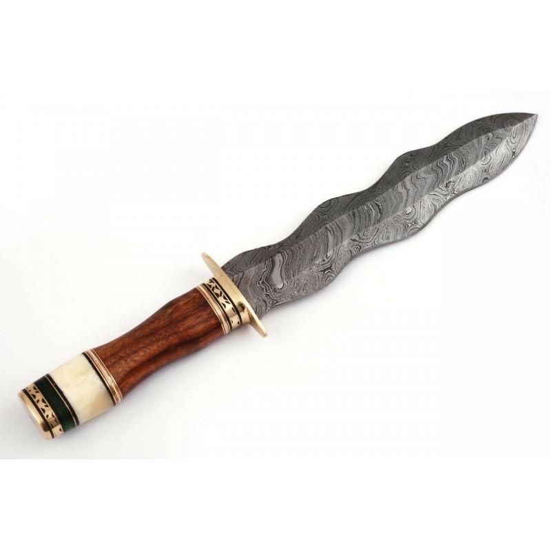 Camping damascus steel knife wood camel bone: Knife "River" • Blade - damask steel • Handle – wood, camel bone • Scabbard - leather (included) • Blade hardness – 55-60 HRC • Total length – 203 mm. • Blade length - 127 mm. • Ha