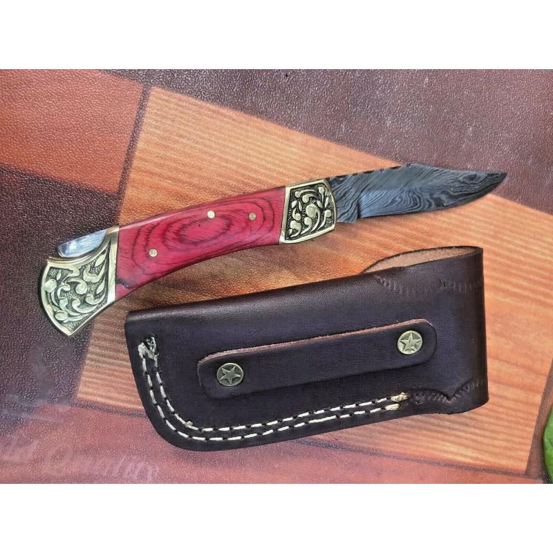 Hiking damascus steel knife red wood: Knife "Quicksand" • Blade - damask steel • Handle – red wood • Scabbard - leather (included) • Blade hardness – 58-60 HRC • Total length – 191 mm. • Blade length - 89 mm. • Handle 