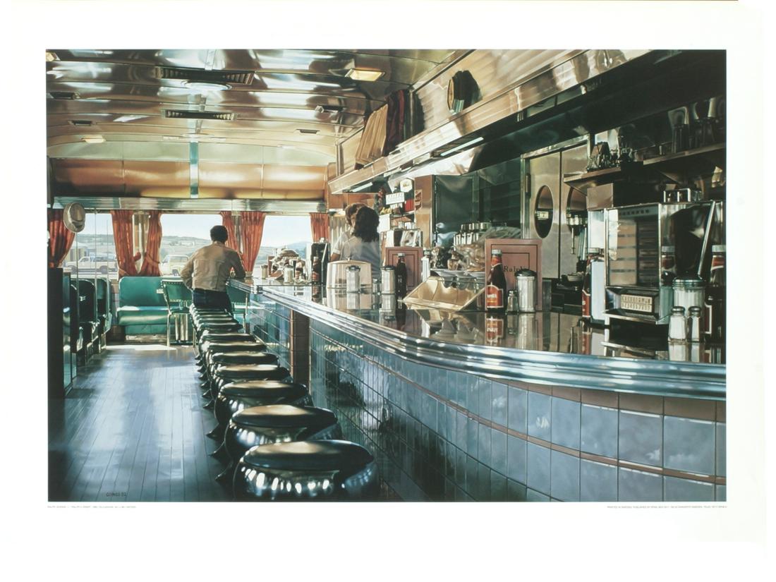 Ralph Goings: Ralph's Diner (no text): Ralph's Diner (no text) by Ralph Goings, 1975 Unsigned Offset Lithograph. Paper size is 23.75 x 31.5 inches, with an image size of 18.5 x 27.5 inches. The Offset Lithograph is from an edition size of