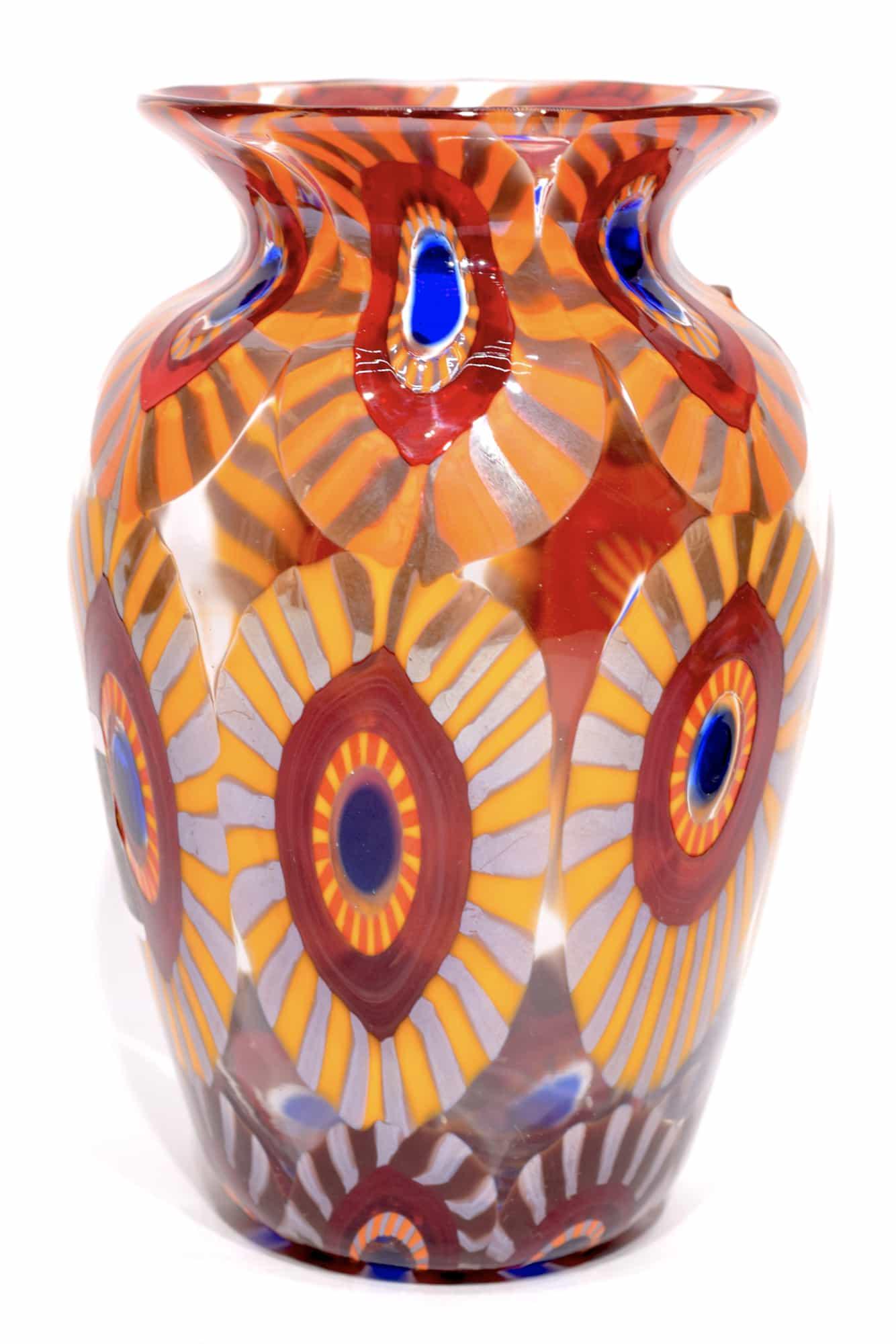 Murano glass vase with murrine signed: Title: Murano glass vase with murrine signed Maker: Mario Formentello Origin: Murano Date/Period: 2020 Materials: glass Dimensions: 15 x 10 cm 330 grams Description: Murano glass vase with multicolour