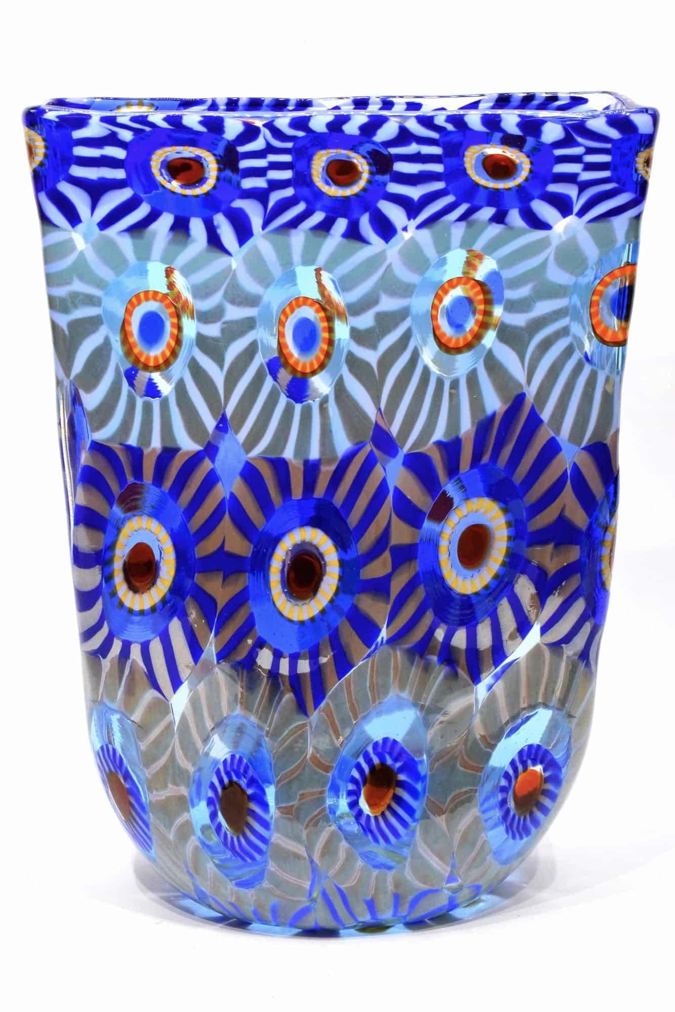 Murano glass vase with murrine signed: Title: Murano glass vase with murrine signed Maker: Mario Formentello Origin: Murano Date/Period: 2019 Materials: glass Dimensions: 24 x 17,5 cm cm 770 grams Description: Murano glass vase with multic