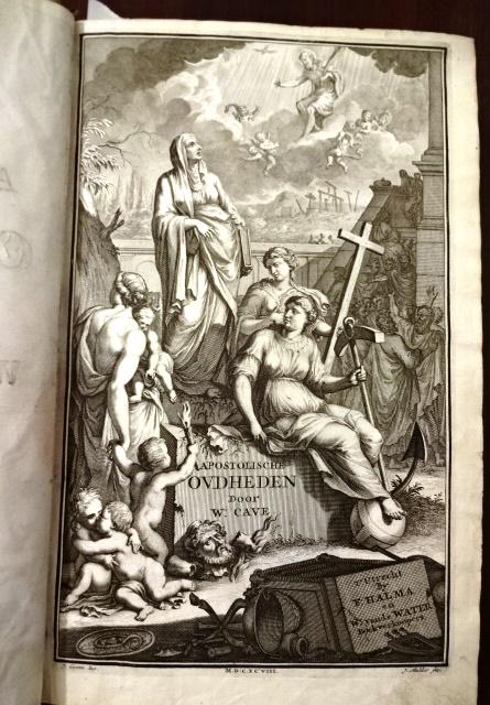 1698 Vellum Cave Apostles Numerous Engravings: Vellum bound folio volume of "Apostolische Oudheden, of Het Leven, de daden, en Martelaryen Der Heylige Apostelen, EvangelistenÂ…", printed at Utrecht by Francois Halma and Willem vane Water, 1698.