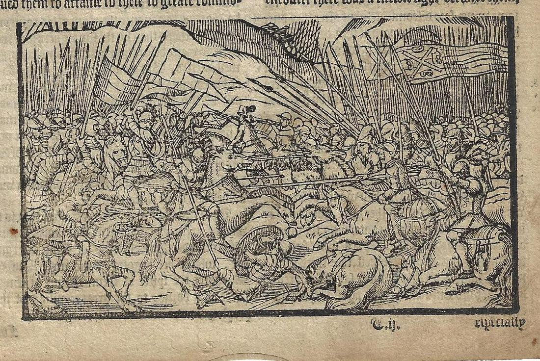1577 Holinshed Leaf Woodcut Battle (1 of 2)