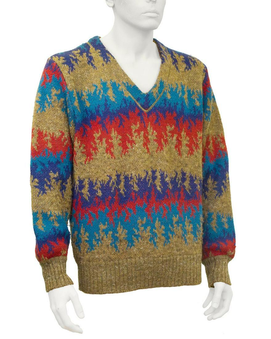 Missoni Multi-color Knit v neck Sweater: 1970's Missoni mens V neck sweater in classic flame chevron pattern. Rich tobacco, blue, turquoise and red wool and alpaca knit. Fits like a mens S-M and a ladies US 8-10. Excellent condition. Sleeve