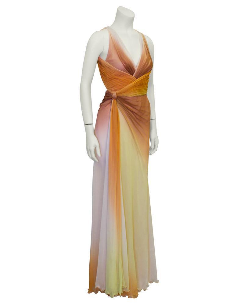 Versace Tan Ombre Gown: Stunningly beautiful Versace gown from the early 2000's. Layers of ombre silk chiffon with tones of tan and cream. Gathering around bust and waist. Knot detail on left side of waist when wearing. Deep