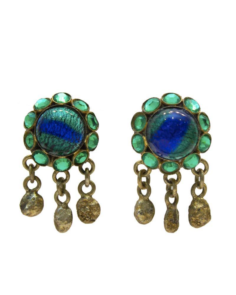 Henry Perichon Blue Tigers Eye GIlt Bronze Earrings: French gilt bronze and blue tigers eye earrings form the 1950's. The romantic clip on earrings feature royal blue and green tigers eye center, surrounded by green glass beads with three hand forged gi