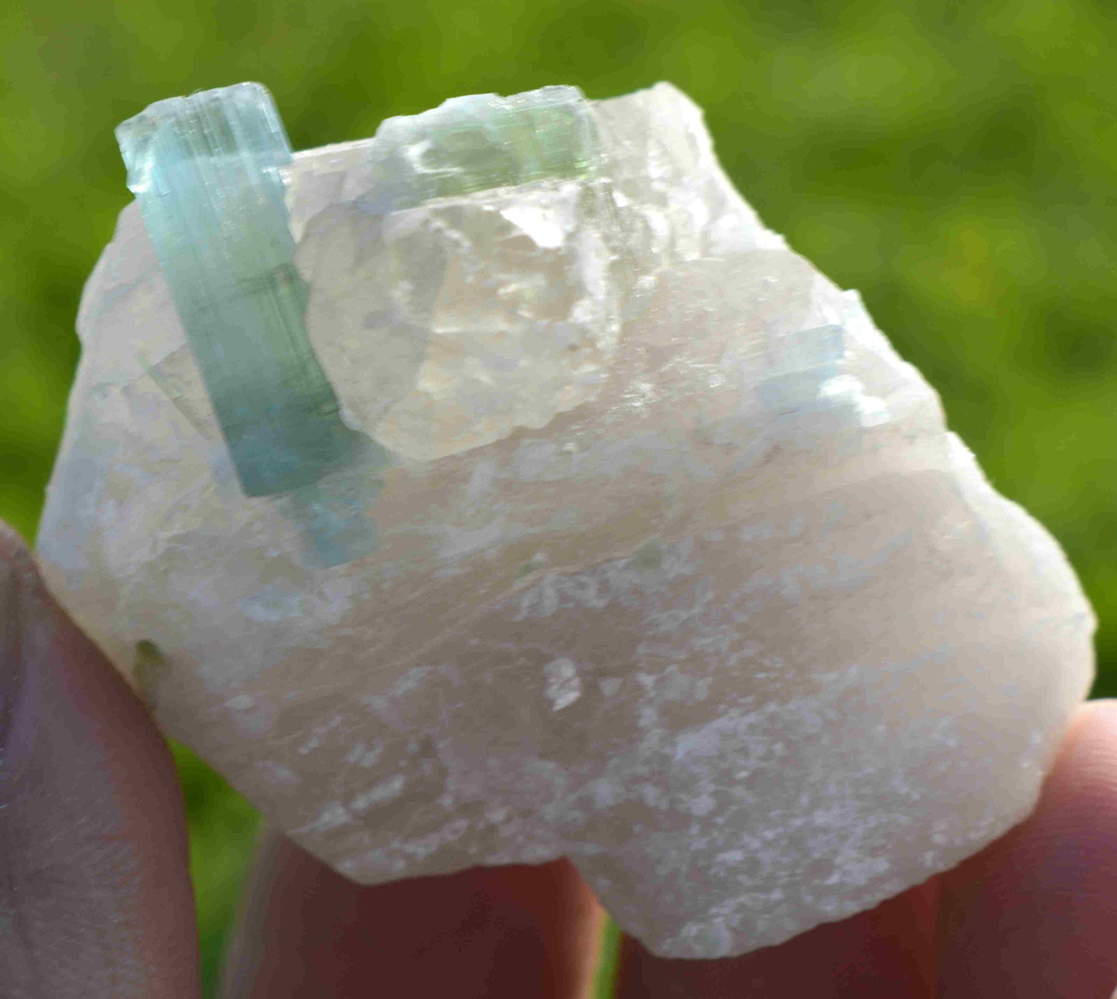 73 Grams Natural Sky Blu Tourmaline Specimen: Title: 73 Grams Natural Sky Blu Tourmaline Specimen Gemstones: Tourmaline Carat Weights: 73 Grams Size/Dimensions: 54x41x34 MM Additional Info: Natural Reserve: $50.00 Shipping: Domestic: Flat-rate of