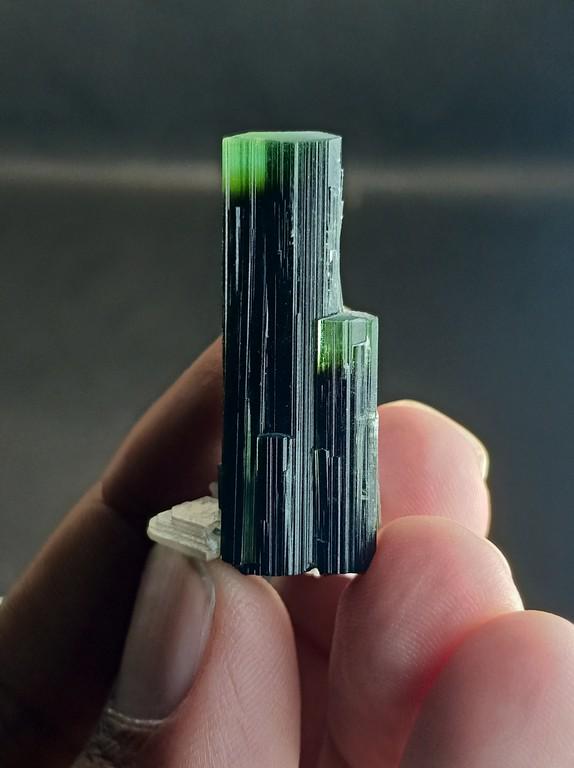 8 Gram Amazing And Well Terminated Natural Green Cap: Title: 8 Gram Amazing And Well Terminated Natural Green Cap Tourmaline With Albite Specimen Treatment: Natural Weight: 8 Gram Size/Dimensions: 33x14x13 mm Origin: Pakistan Reserve: $15.00 Shipping: Do