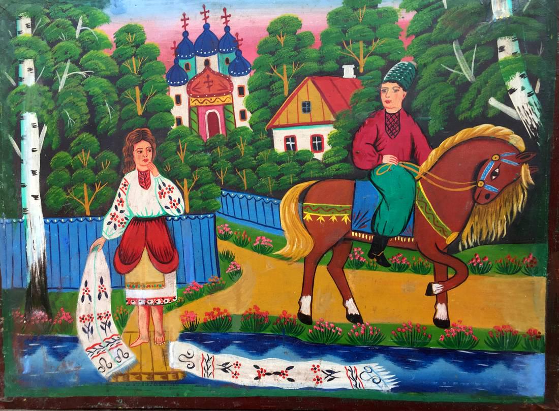 Oil painting Ukrainian naive Girl with a towel: * TITLE: "Girl with a towel" * SIZE: 80x62cm/'31.49?24.40 inches' * MEDIUM: oil, canvas * HAND PAINTED: Original painting from our collection * CERTIFICATE OF AUTHENTICITY is included. * CONDITION: go
