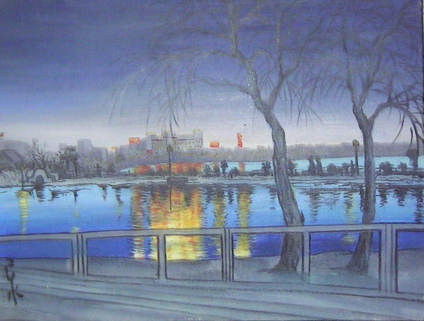 Night At Shinobazu Pond: Kawase Hasui (1883-1957): Title: Night At Shinobazu Pond Artist: Kawase Hasui (1883-1957) Medium: Oil painting Print Size: Stretched canvas painting measures 12 1/2 x 16 inches Edition: Reserve: $475.00 Shipping: Domestic: Fla