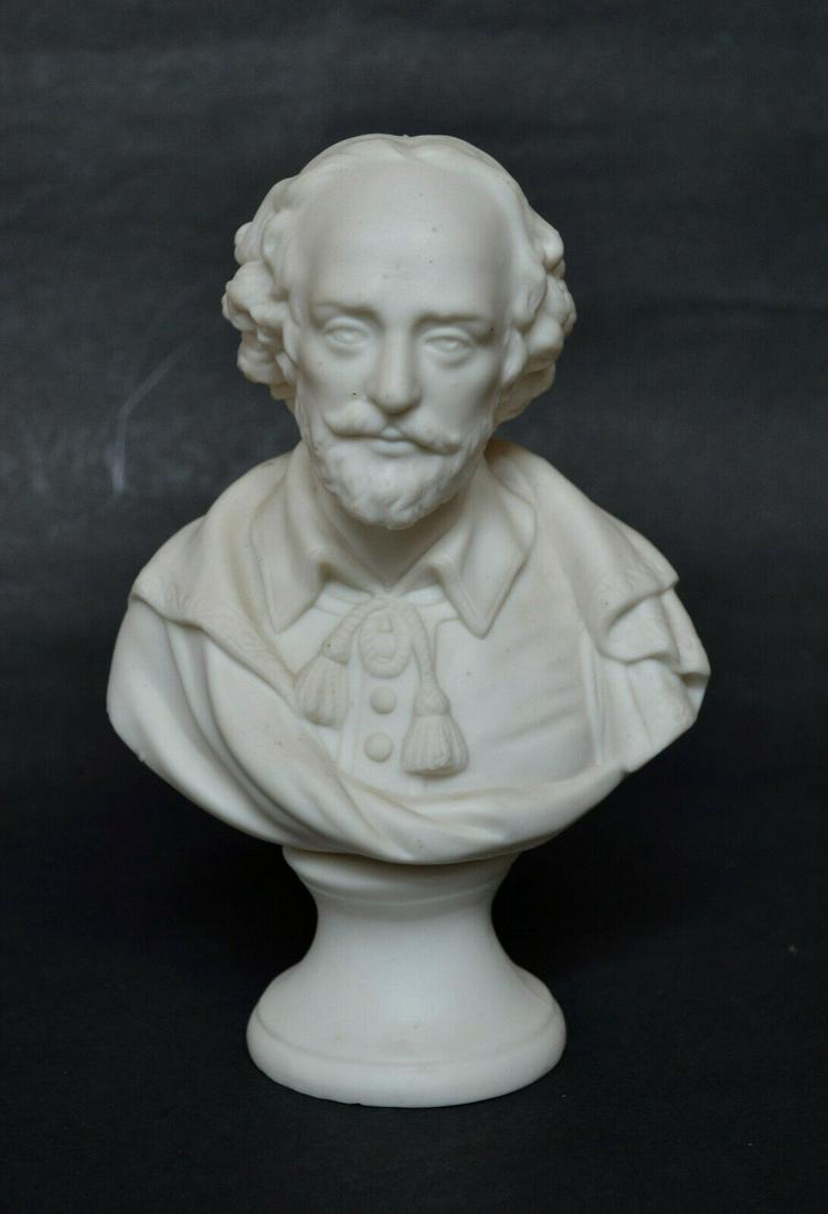 English Parian Bust of Shakespeare; English Parian Bust: English Parian porcelain bust of William Shakespeare, circa mid 19th Century. Parian porcelain is a white or off-white bisque (unglazed) porcelain that simulates marble, making it a useful material fo
