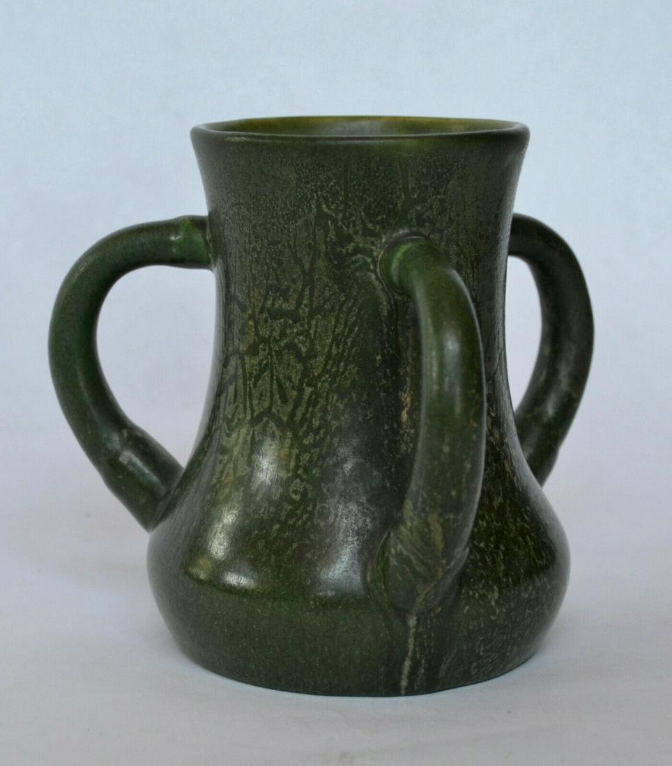 Hampshire Pottery Matte Green 3 Handled Mug; Hampshire: This is the best matte green glaze we've seen on a Hampshire Pottery piece, comparing well with Grueby's. The three handled mug could also called a tyg, a centuries old form that enabled more than one