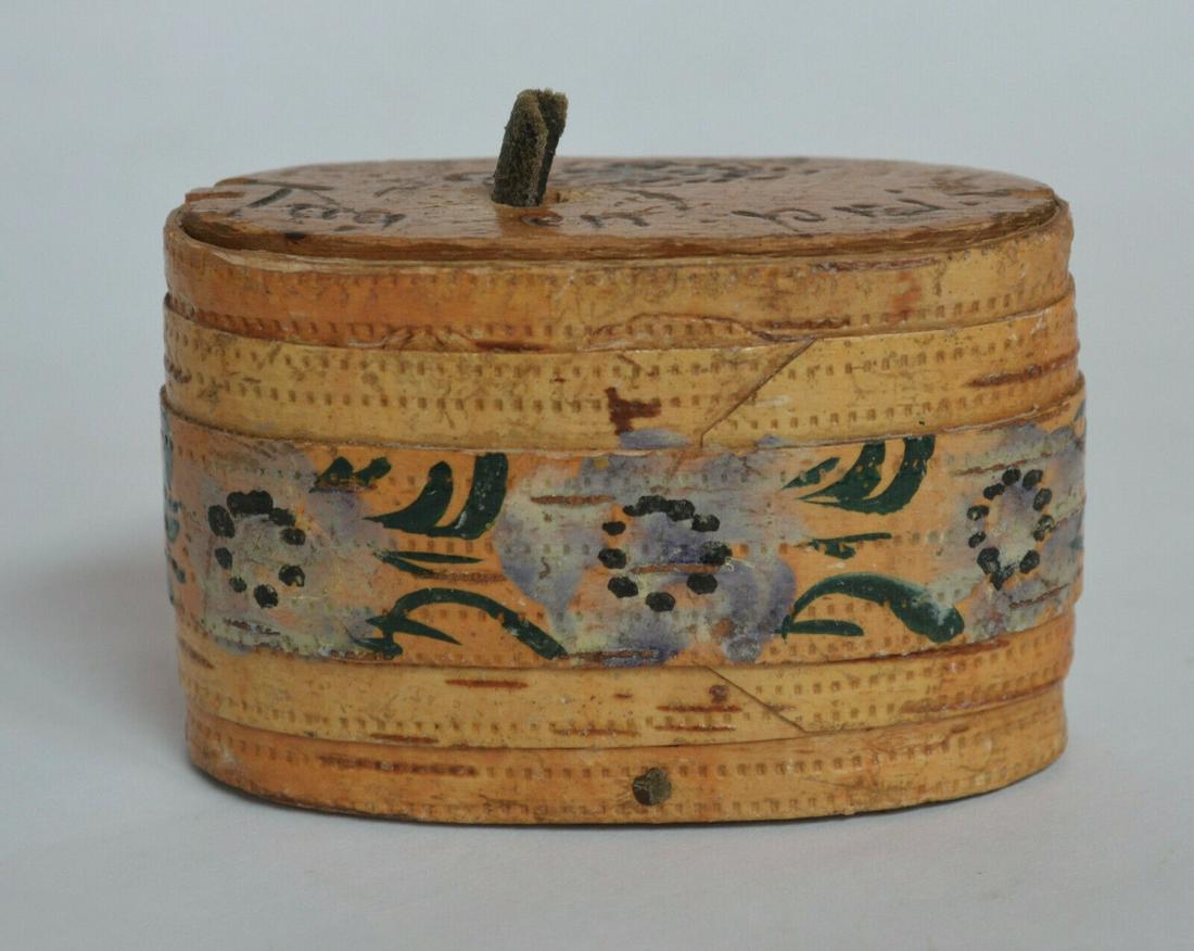 Birch Bark Snuff Box; Birch Bark Snuff Box; Birch Bark: Vintage Scandinavian birch bark snuff box with a wood bottom and lid, and a leather pull tab. The painting is an unusual and decorative touch, as is the carved in decoration and wording on the top. Go