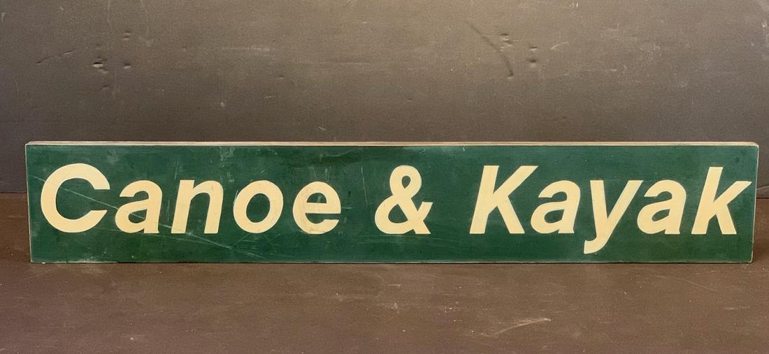 CANOE & KAYAK Sign, early 20th c: Title: CANOE & KAYAK Sign, early 20th c Description: Sporting pastime Signs are highly desirable. Our local rivers are down-right congested with omnipresent kayaks. Kinetic font. Dramatic green ground