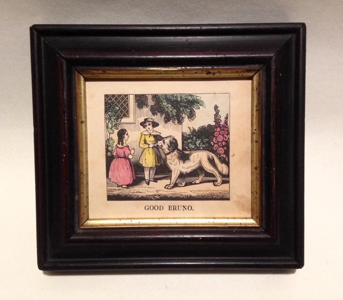 C1840 hand colored Bruno the dog woodcut: Title: C1840 hand colored Bruno the dog woodcut Dimensions: Total framed size is 5" x 5 1/2" Provenance/Additional Info: In a 19thc worn pine frame with gold leaf line Shipping: Domestic: Flat-rate of