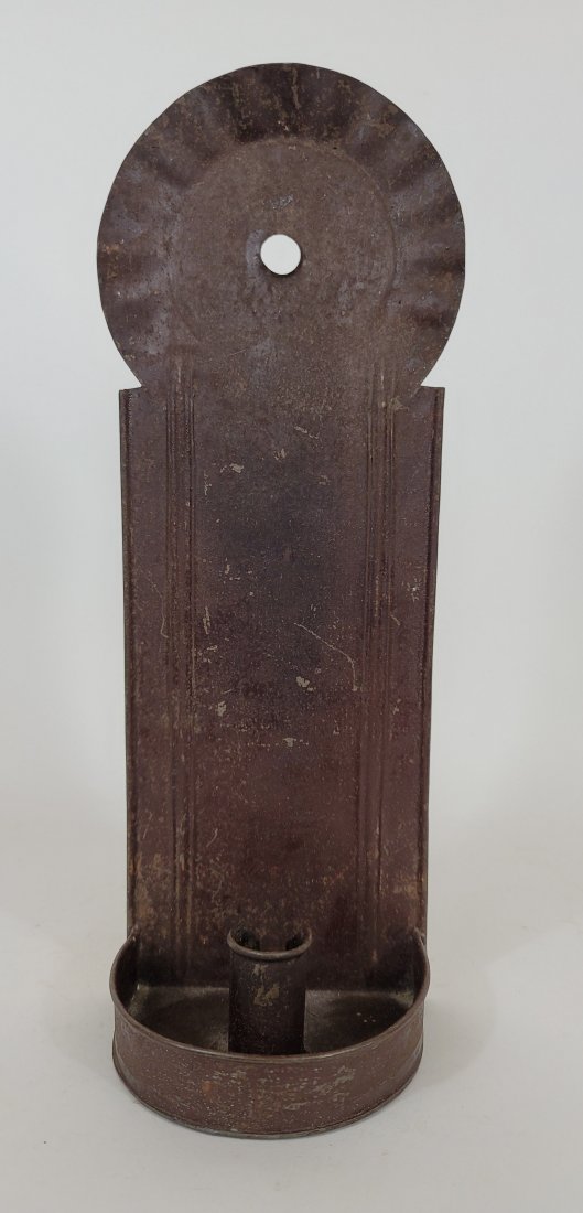Single tin wall sconce with impressed decoration ca: Title: Single tin wall sconce with impressed decoration ca 1840-1860 Description: A very nice tall and slender single in excellent condition. Dimensions: 13 1/2" tall x 4" wide Shipping: Domestic: Fla