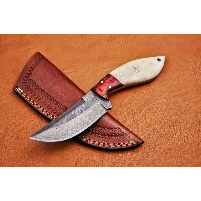 Inner lock Damascus steel knife hard wood handmade: Knife "Iris" Â• Blade - damask steel Â• Handle Â– Hard Wood & Camel Bone With Mosaic Pin Â• Scabbard Â– cowhide leather (included) Â• Blade hardness Â– 50-54 HRC Â• Total lengt