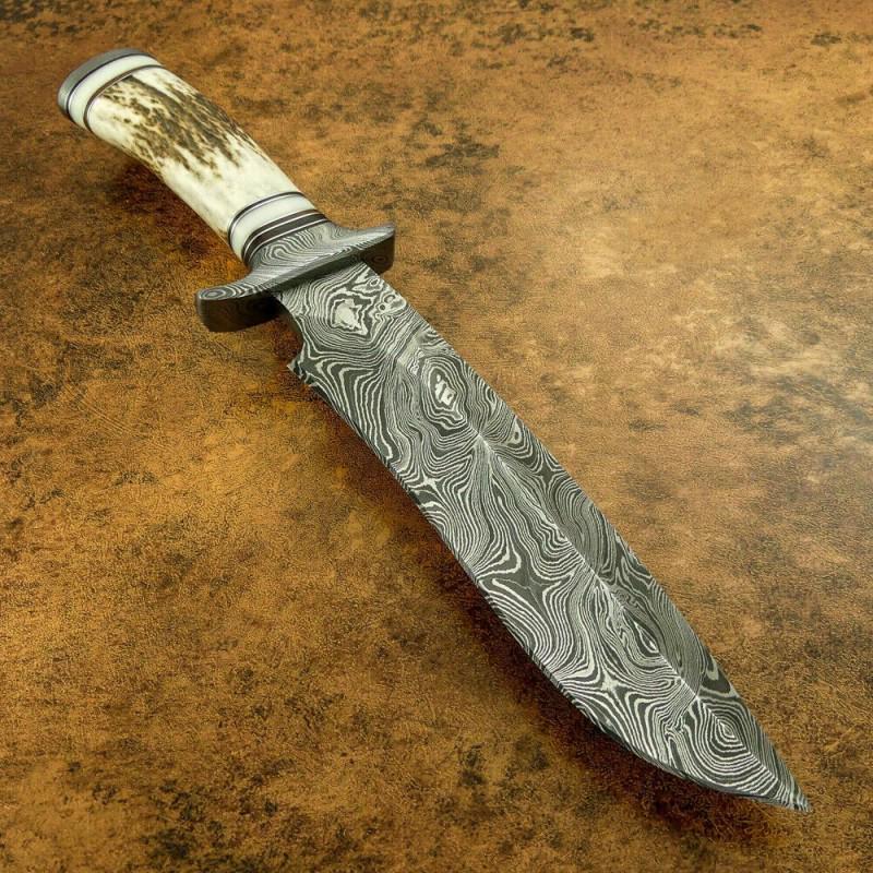Combat damascus steel knife stag antler tracker: Knife "Attention" The Damascus knife is wear-resistant and effective. It can serve the owner for decades. The metal does not need sharpening and can withstand heavy loads. The product does not lose it