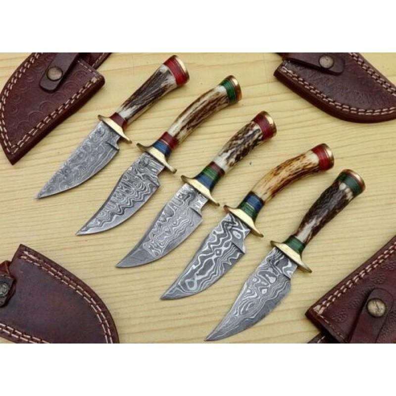 Lot of 5 Camping damascus steel knives stag knife (1 of 5)