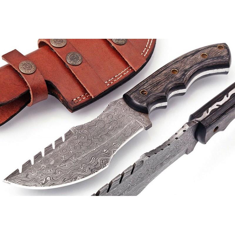 Damascus tracker steel knife, leather sheath, stained: Knife "Compound" made of damask steel. Handle – stained wood, scabbard - leather. Damascus knives are very durable, look great and keep sharpness perfectly. Damascus steel has high quality contents 