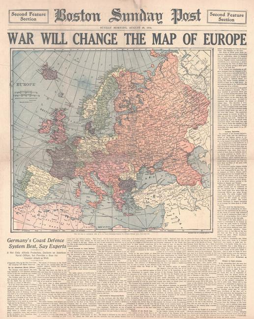 Europe: Publication Date: 8/23/1914 Title: Europe Cartographer: POATES, L. L. ENGR. CO. Publisher: BOSTON SUNDAY POST Height: 13.1 Width: 14.5 Unusual full color reprint of a Poates map on the front page of t