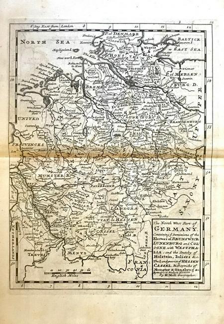 North west Germany.: Title: North west Germany. Date/Period: 1729-1736 Materials: Copperplate engraved Size: 13 1/2 x 9 “ Description: By. H. Moll. From. Atlas minor. Published. London. Reserve: $20.00 Shipping: Domesti