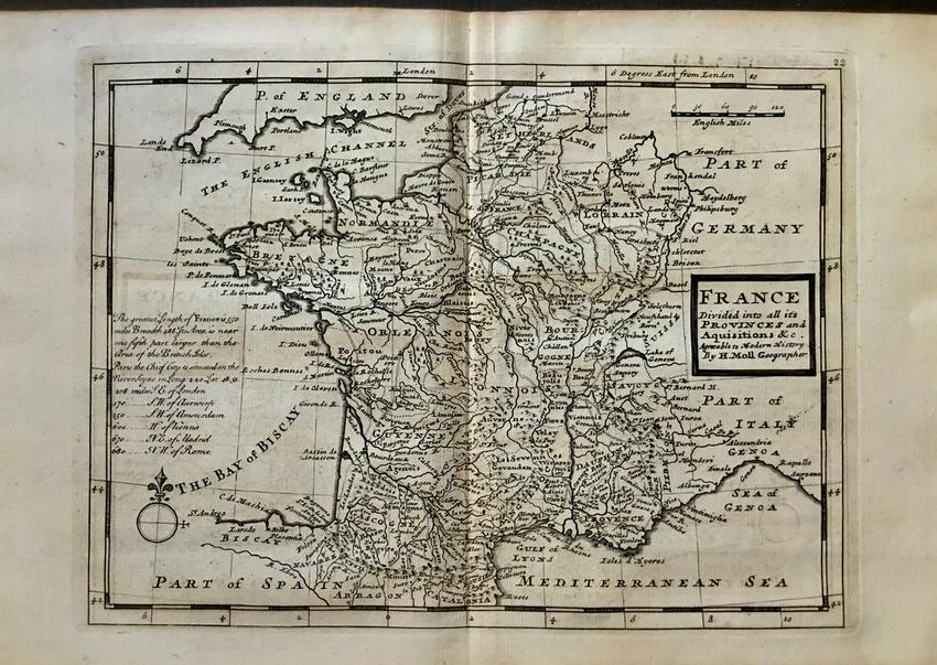 France: Title: France Date/Period: 1729-1736 Materials: Copperplate engraved. Size: 13 1/2 x 9 “ Description: By. H. Moll. From. Atlas minor. Published. London. Reserve: $35.00 Shipping: Domestic: Free ship
