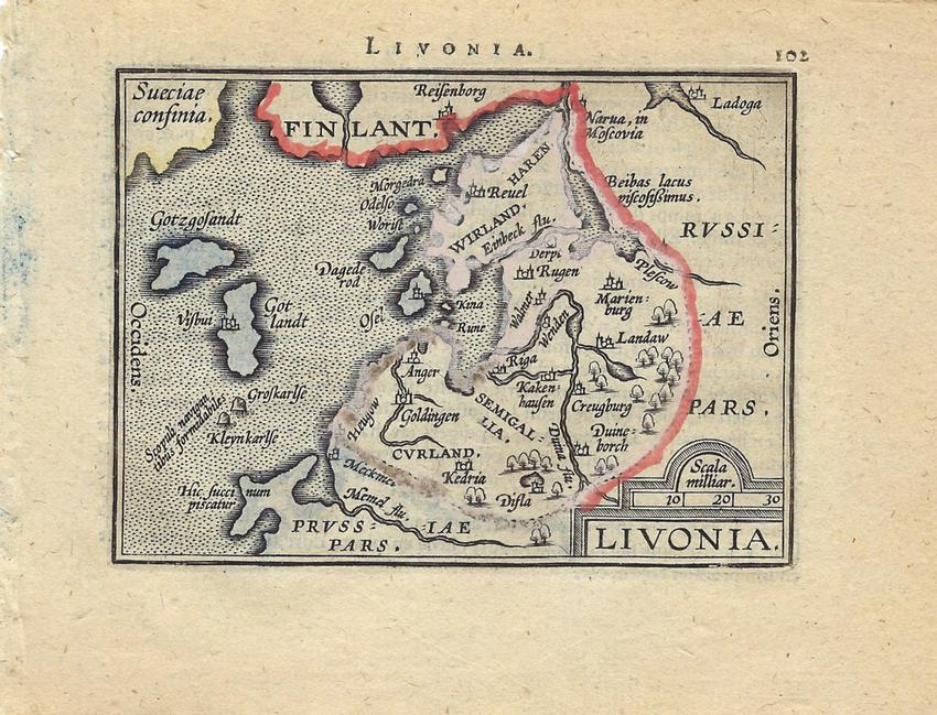 1602 Ortelius Map of Estonia and Latvia -- Livonia: Title/Content of Map: 1602 Ortelius Map of Estonia and Latvia -- Livonia Cartographer: A Ortelius Year/Place: 1602, Antwerp Size: 3.1 X 4.2 in. This is a charming smaller map of the short lived Kingdo