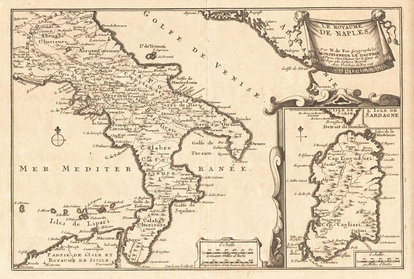 de Fer: 1705 Southern Italy with Sardinia Inset: Title/Content of Map: de Fer: 1705 Southern Italy with Sardinia Inset Date Printed: 1705, Paris Cartographer: de Fer Size: 13" x 8 1/2" The Kingdom of Naples map from de Fer's L'Atlas Curieux, featuri