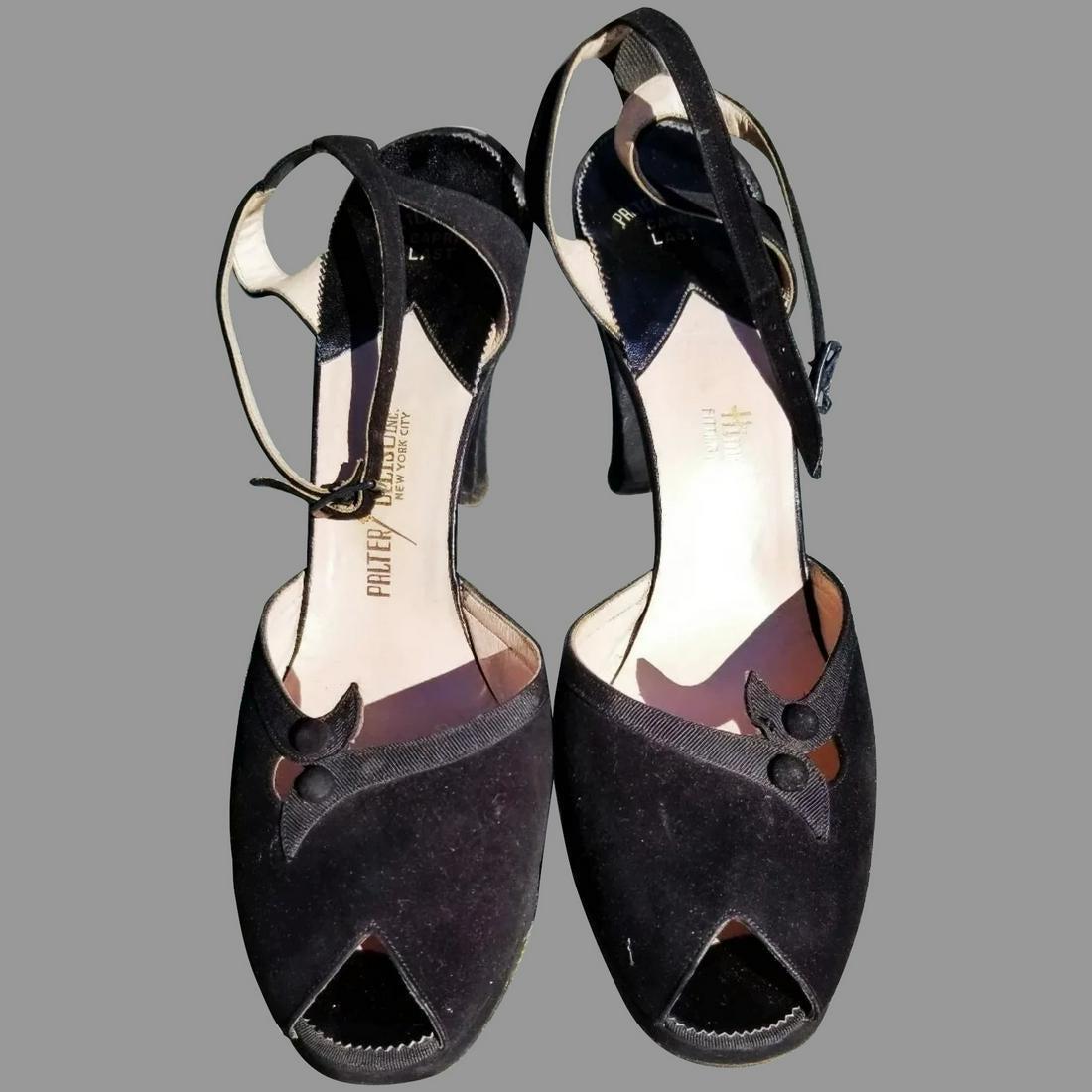 Vtg 1940's Peep Toe Ankle Strap Platform Heel shoes: Beautiful Ankle Strap Suede Black Heeled Shoes Peep Toe Size -8AAA Narrow. some wear on soles and back of heel. Nothing major. These are Amazing Reserve: $70.00 Shipping: Domestic: Flat-rate of $38.00