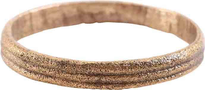 ANCIENT VIKING WEDDING RING 9TH-10TH CENT AD SIZE 6 ¼: 2.4mm width. Flat band, with raised edges and medial, evenly divided to a triple-band effect. Vikings exchanged rings on the pommel of the groom’s sword. Professionally refurbished with the 24karat